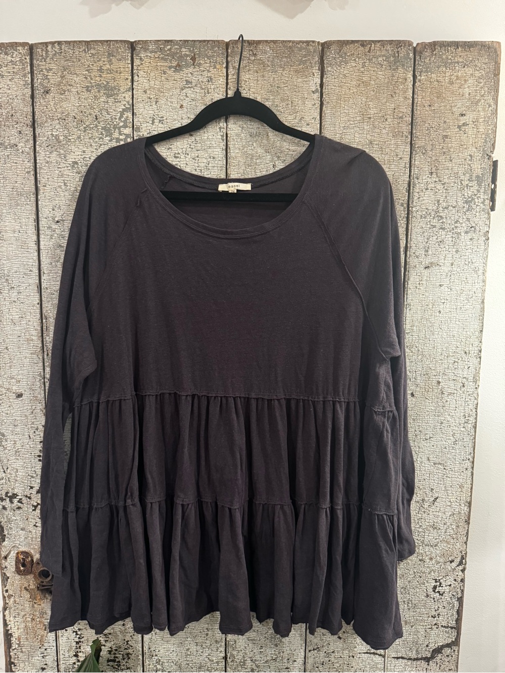 Easel 2X Oversized Tiered Babydoll Tunic Top Black Cotton Linen